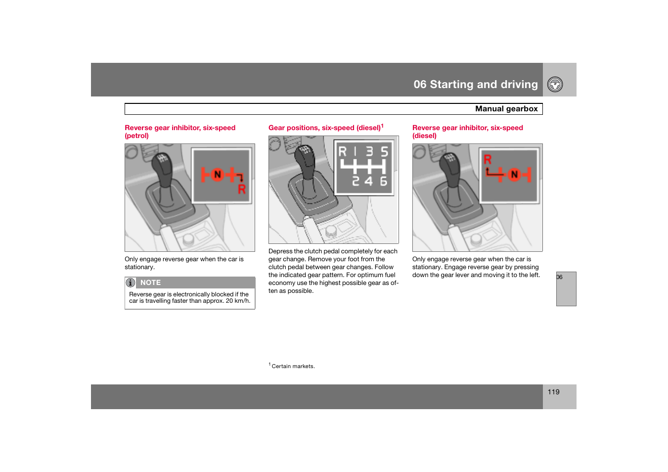 Reverse gear inhibitor, six-speed (petrol), Gear positions, six-speed (diesel), Reverse gear inhibitor, six-speed (diesel) | 06 starting and driving | Volvo C70 User Manual | Page 120 / 251