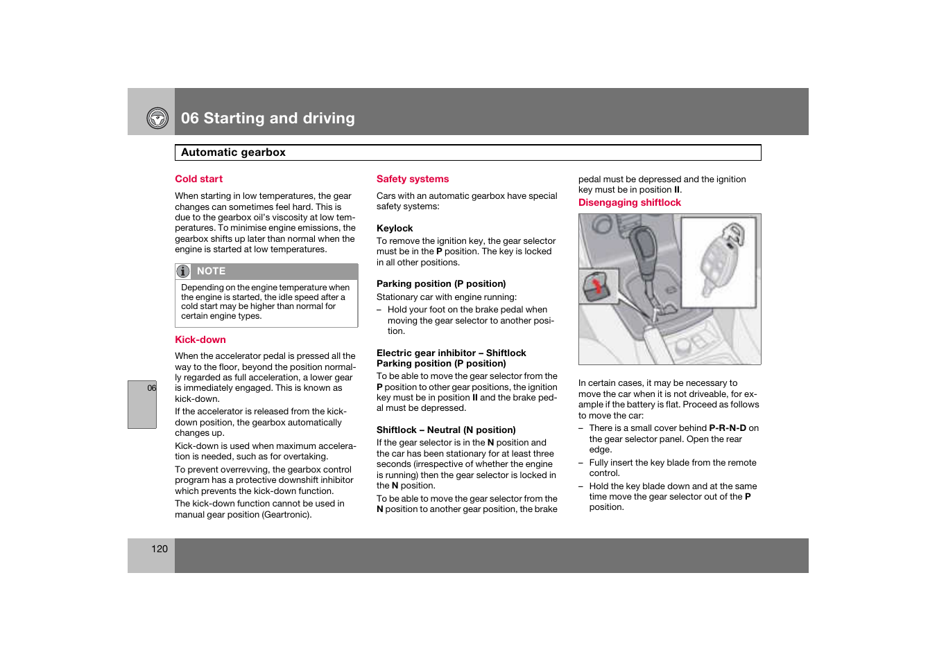 Cold start, Safety systems, Disengaging shiftlock | Automatic gearbox, 06 starting and driving | Volvo C70 User Manual | Page 121 / 251