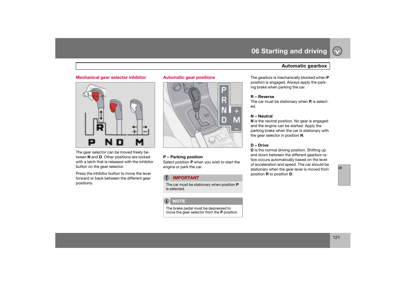 Mechanical gear selector inhibitor, Automatic gear positions, 06 starting and driving | Volvo C70 User Manual | Page 122 / 251