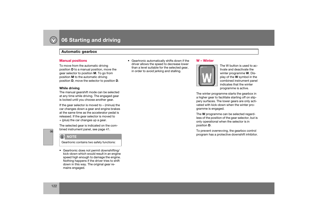 Manual positions, W - winter, 06 starting and driving | Volvo C70 User Manual | Page 123 / 251