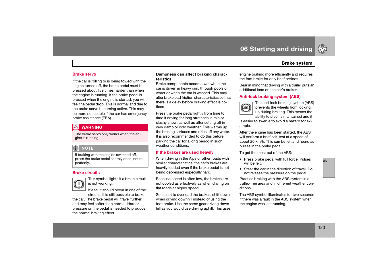 Brake servo, Brake system, 06 starting and driving | Volvo C70 User Manual | Page 124 / 251