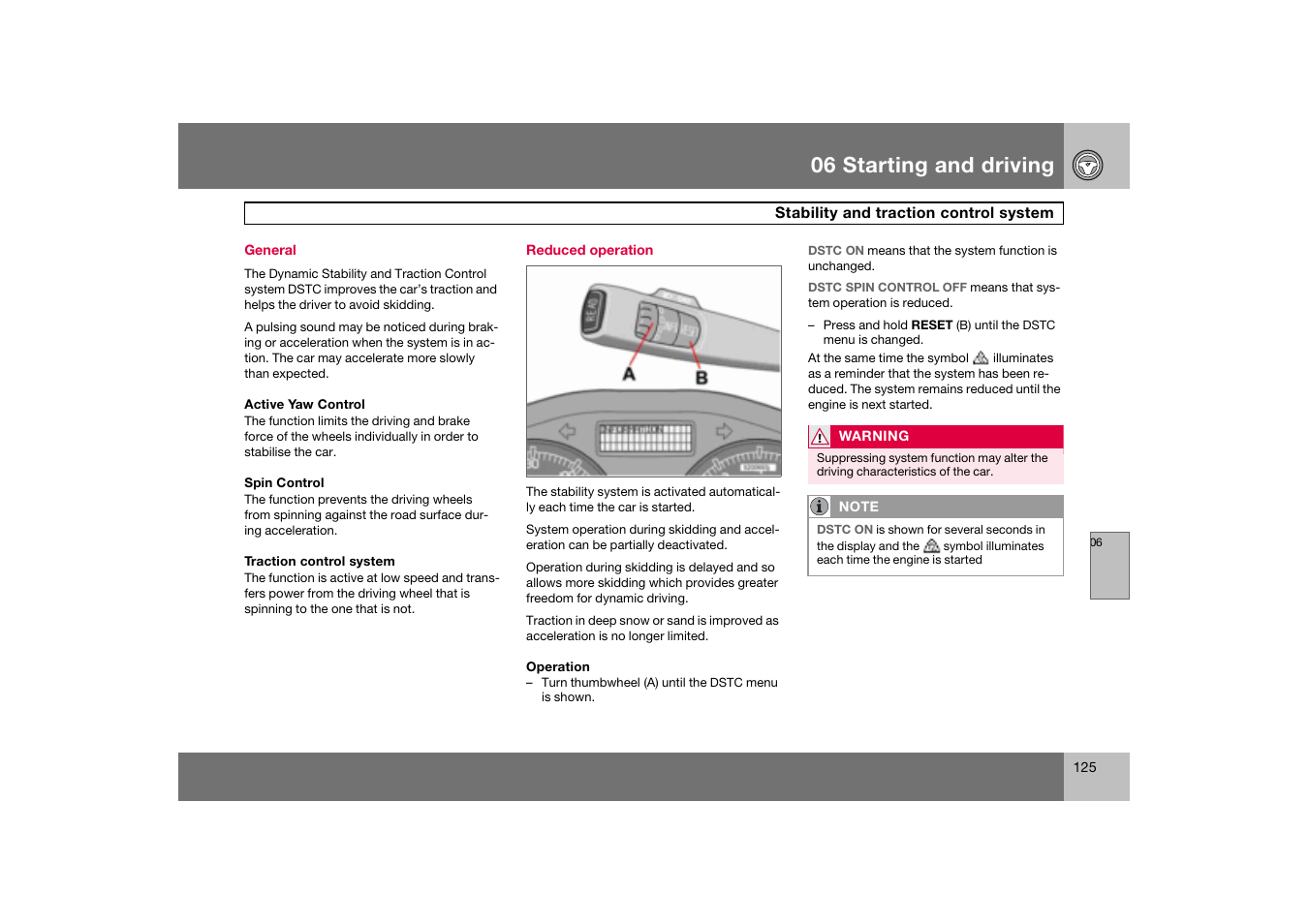 General, Reduced operation, Stability and traction control system | 06 starting and driving | Volvo C70 User Manual | Page 126 / 251