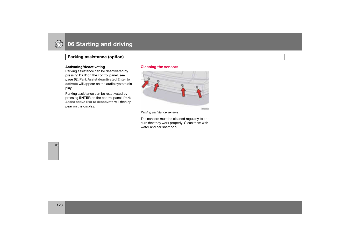 Cleaning the sensors, 06 starting and driving | Volvo C70 User Manual | Page 129 / 251