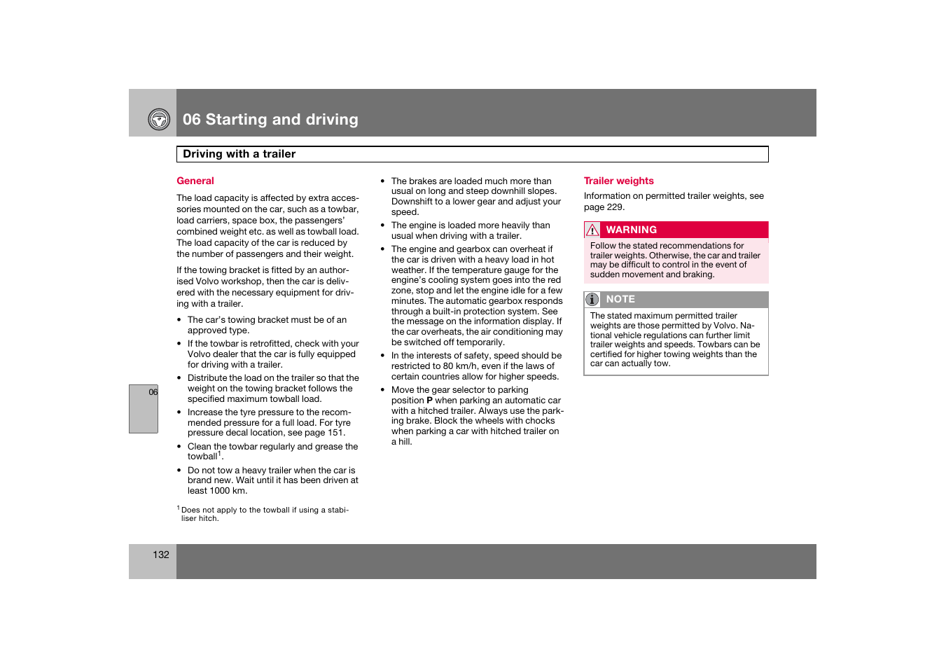 General, Driving with a trailer, 06 starting and driving | Volvo C70 User Manual | Page 133 / 251