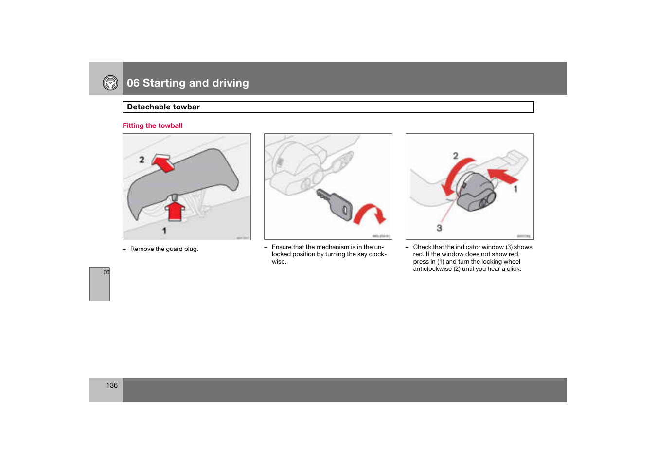 Fitting the towball, Detachable towbar, 06 starting and driving | Volvo C70 User Manual | Page 137 / 251