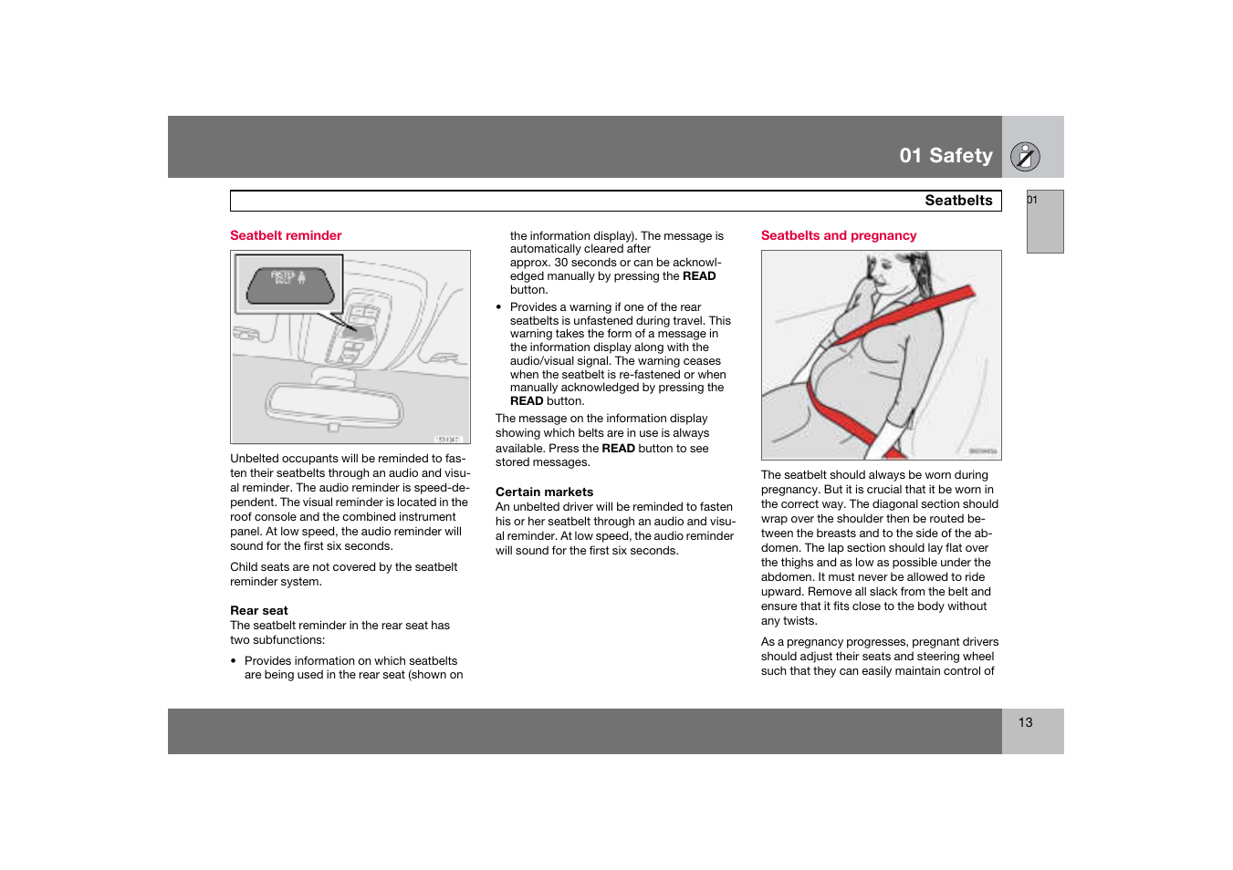 Seatbelt reminder, Seatbelts and pregnancy, 01 safety | Volvo C70 User Manual | Page 14 / 251