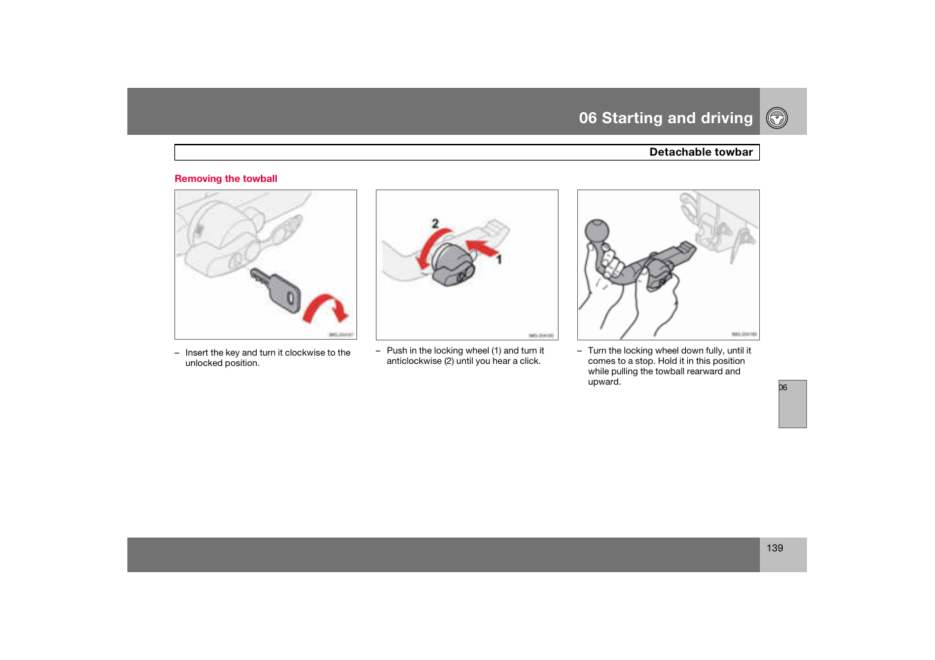 Removing the towball, 06 starting and driving | Volvo C70 User Manual | Page 140 / 251