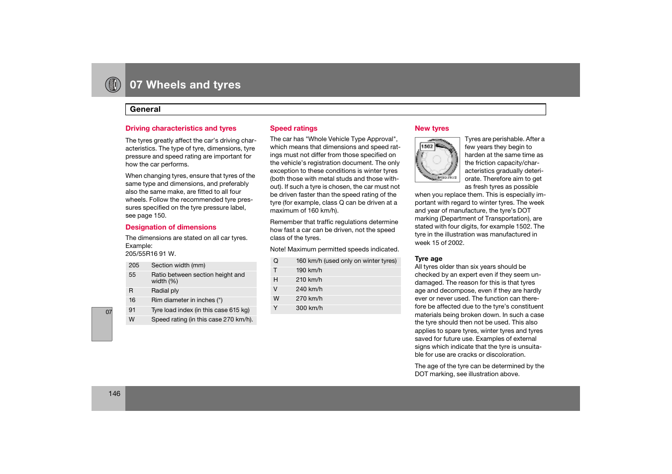 Driving characteristics and tyres, Speed ratings, New tyres | General, 07 wheels and tyres | Volvo C70 User Manual | Page 147 / 251