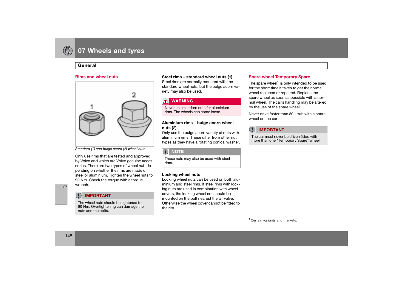 Spare wheel temporary spare, 07 wheels and tyres | Volvo C70 User Manual | Page 149 / 251