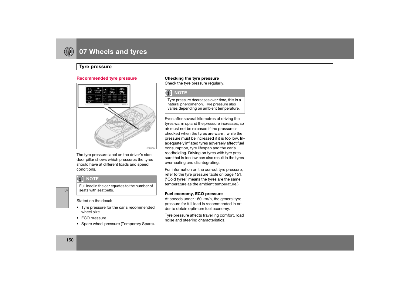 Recommended tyre pressure, Tyre pressure, 07 wheels and tyres | Volvo C70 User Manual | Page 151 / 251