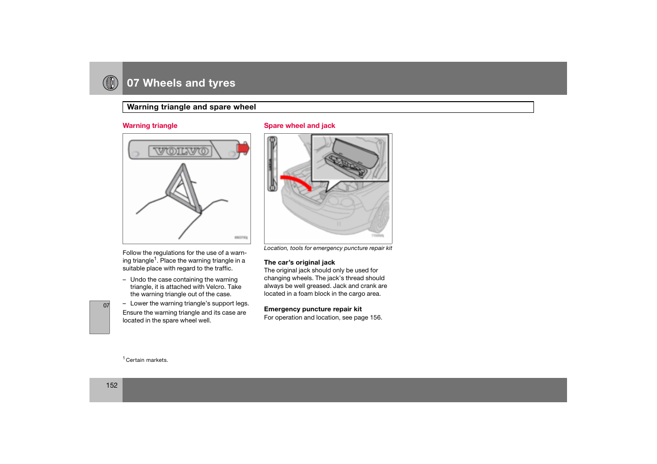 Warning triangle, Spare wheel and jack, Warning triangle and spare wheel | 07 wheels and tyres | Volvo C70 User Manual | Page 153 / 251