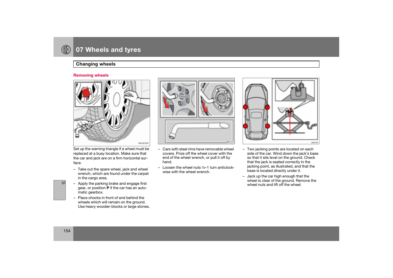 Removing wheels, Changing wheels, 07 wheels and tyres | Volvo C70 User Manual | Page 155 / 251