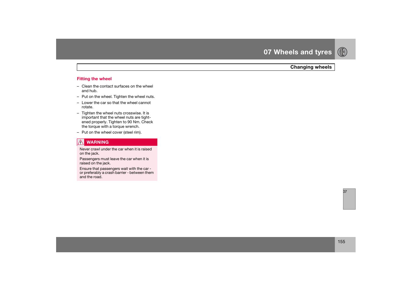 Fitting the wheel, 07 wheels and tyres | Volvo C70 User Manual | Page 156 / 251