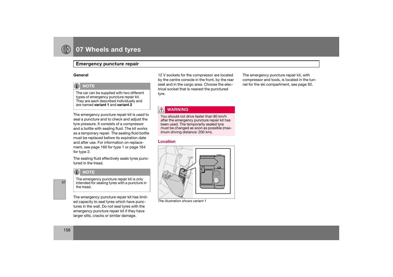 General, Emergency puncture repair, 07 wheels and tyres | Volvo C70 User Manual | Page 157 / 251