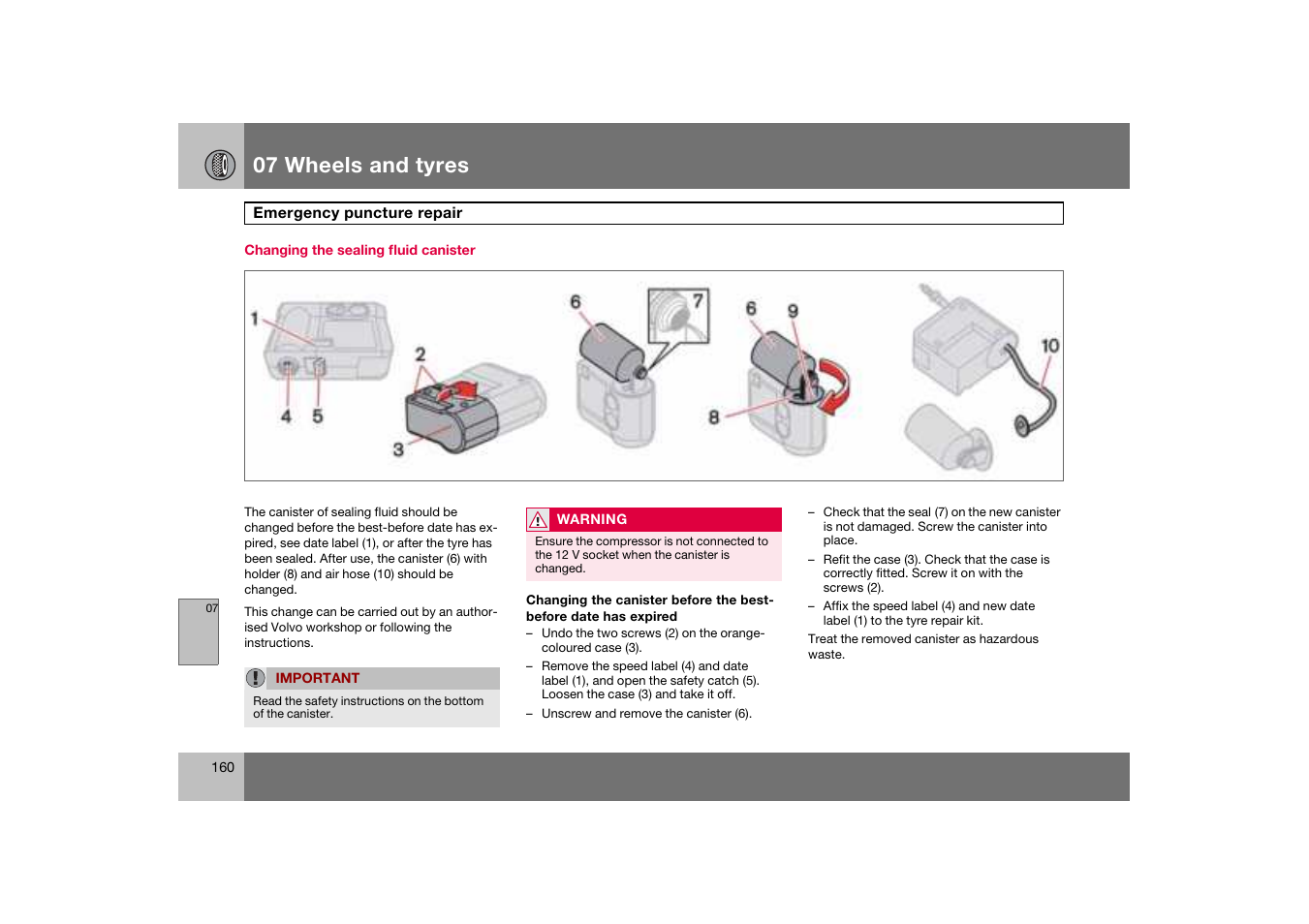 Changing the sealing fluid canister, 07 wheels and tyres | Volvo C70 User Manual | Page 161 / 251