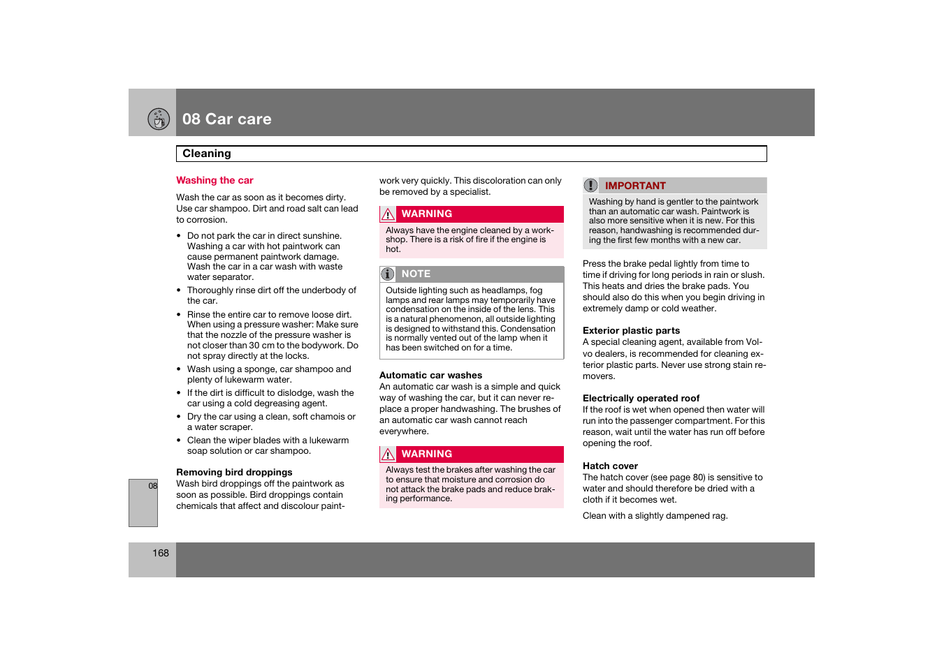 Washing the car, Cleaning, 08 car care | Volvo C70 User Manual | Page 169 / 251