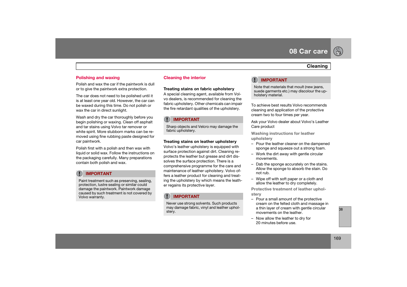 Polishing and waxing, Cleaning the interior, 08 car care | Volvo C70 User Manual | Page 170 / 251