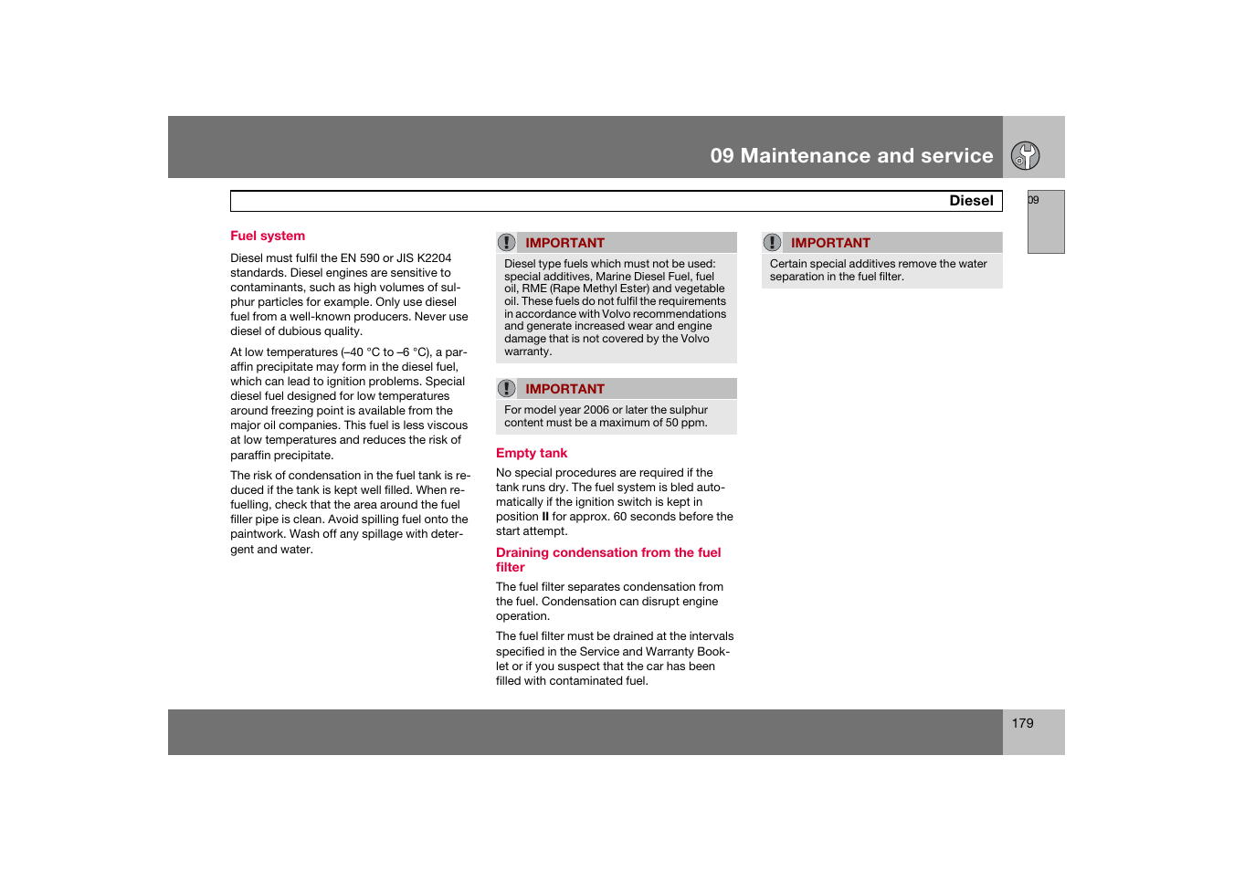 Fuel system, Diesel, 09 maintenance and service | Volvo C70 User Manual | Page 180 / 251