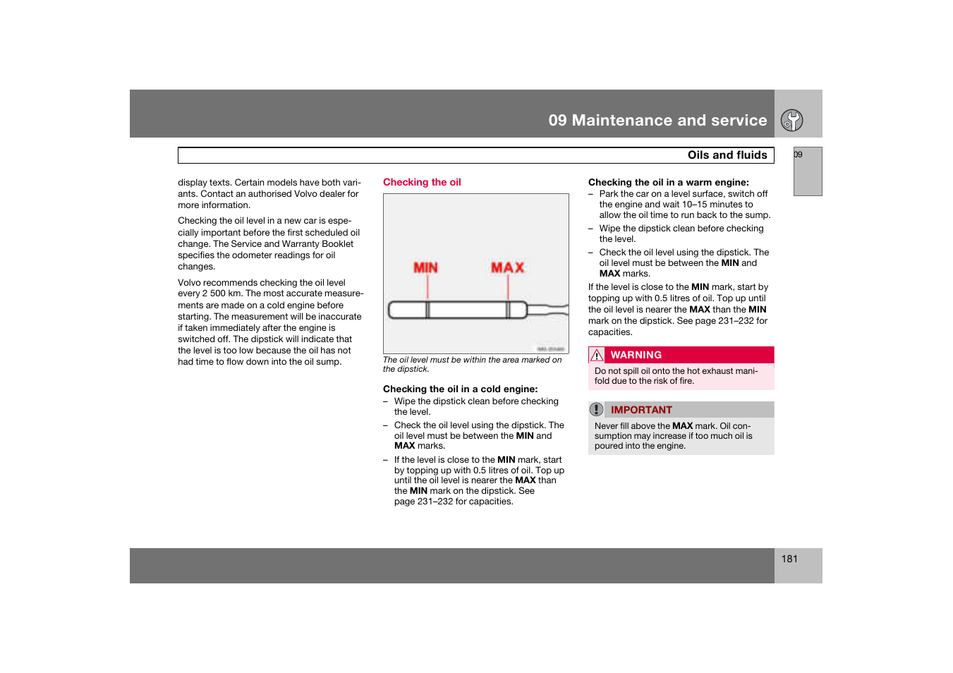 Checking the oil, 09 maintenance and service | Volvo C70 User Manual | Page 182 / 251