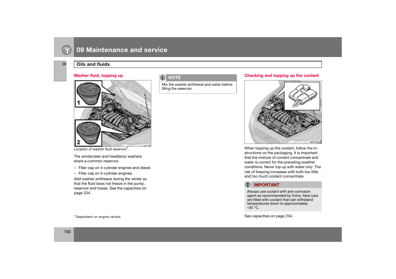 Washer fluid, topping up, Checking and topping up the coolant, 09 maintenance and service | Volvo C70 User Manual | Page 183 / 251