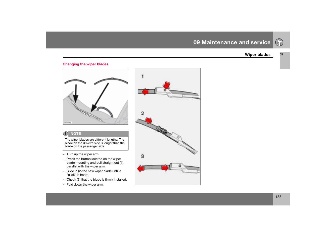 Changing the wiper blades, Wiper blades, 09 maintenance and service | Volvo C70 User Manual | Page 186 / 251