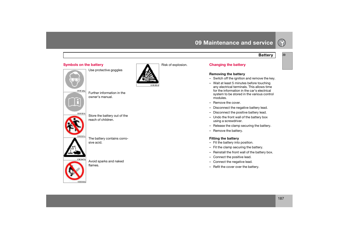 Symbols on the battery, Changing the battery, 09 maintenance and service | Volvo C70 User Manual | Page 188 / 251