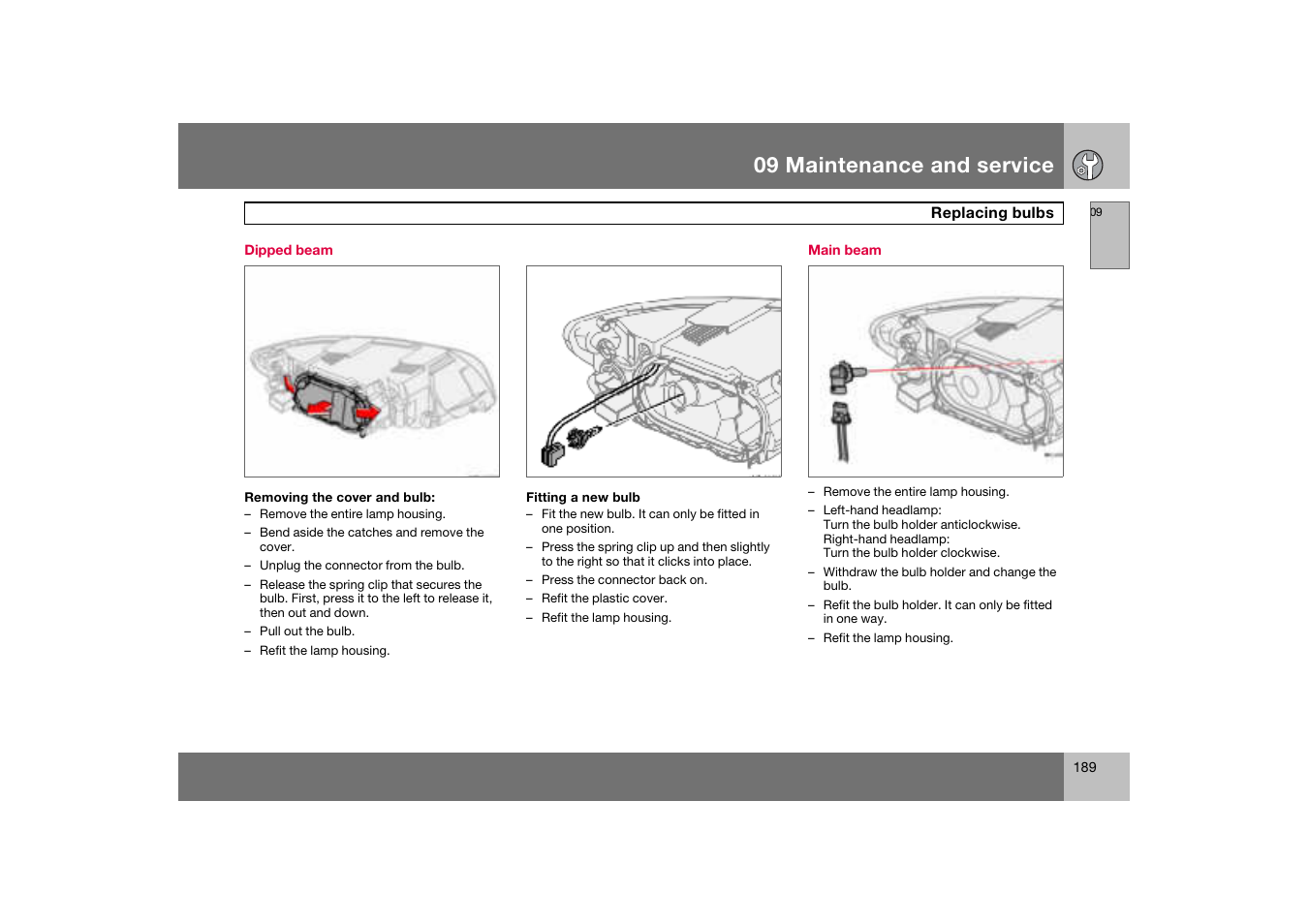 Dipped beam, Main beam, 09 maintenance and service | Volvo C70 User Manual | Page 190 / 251