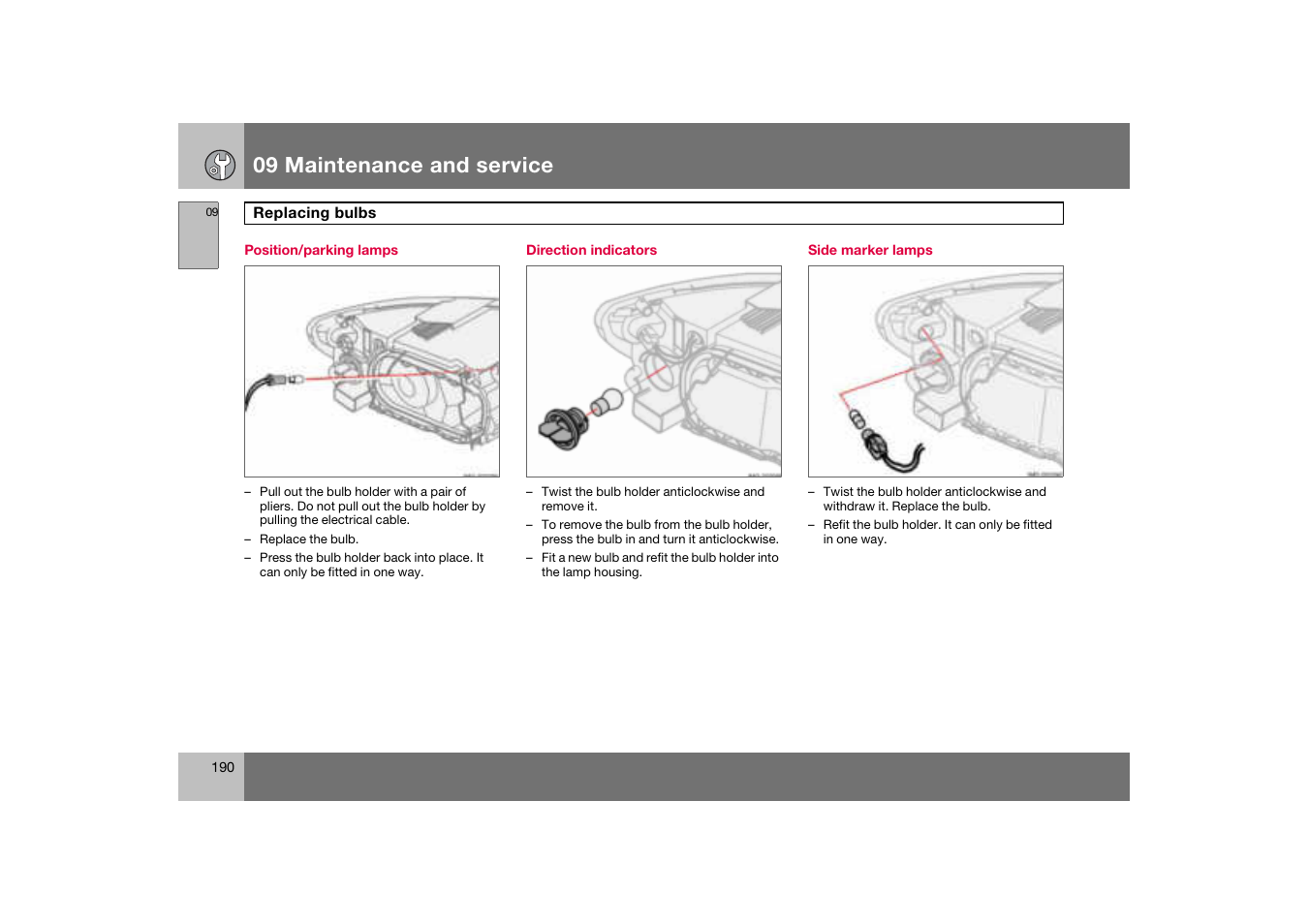 Position/parking lamps, Direction indicators, Side marker lamps | 09 maintenance and service | Volvo C70 User Manual | Page 191 / 251