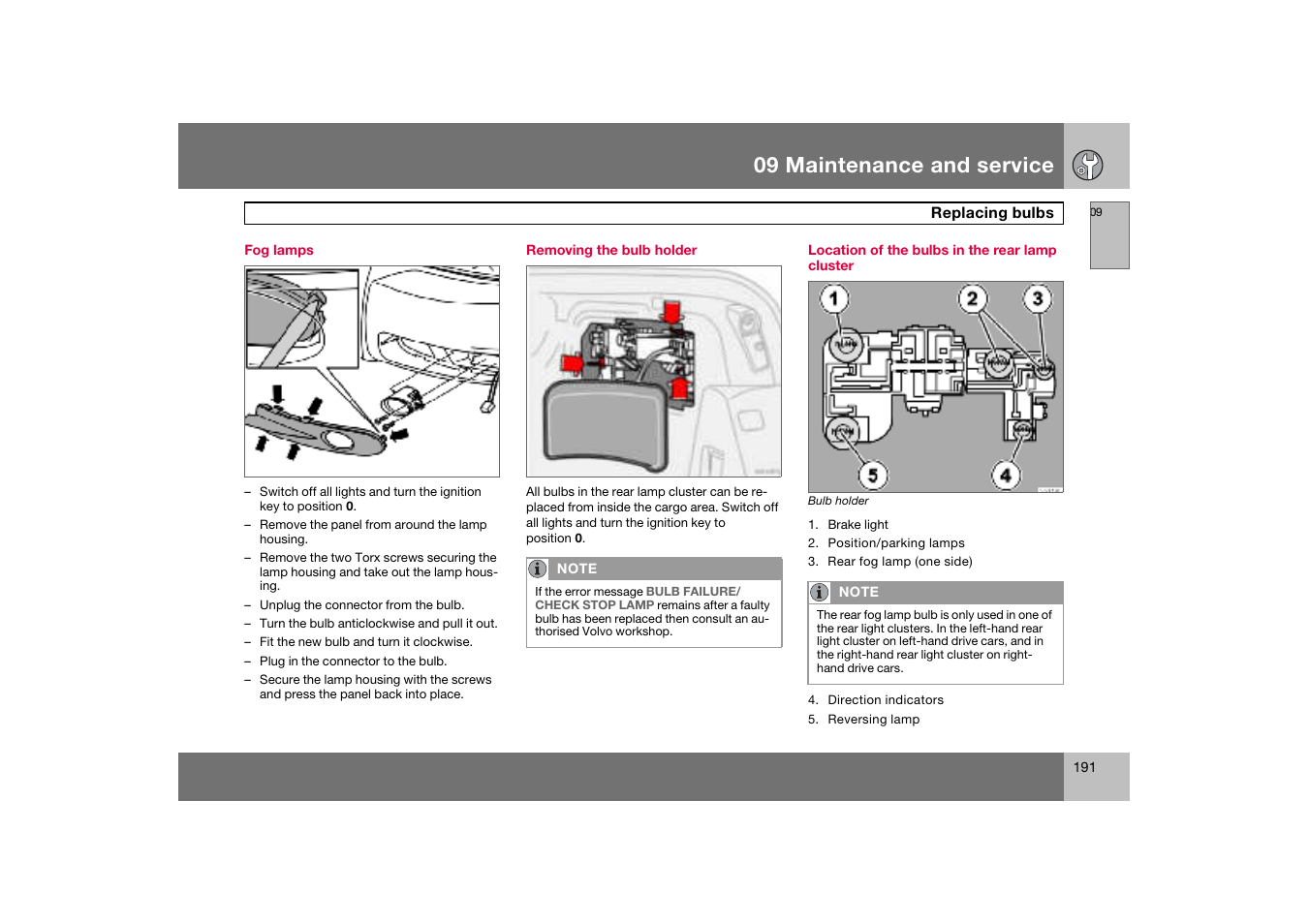 Fog lamps, Removing the bulb holder, Location of the bulbs in the rear lamp cluster | 09 maintenance and service | Volvo C70 User Manual | Page 192 / 251