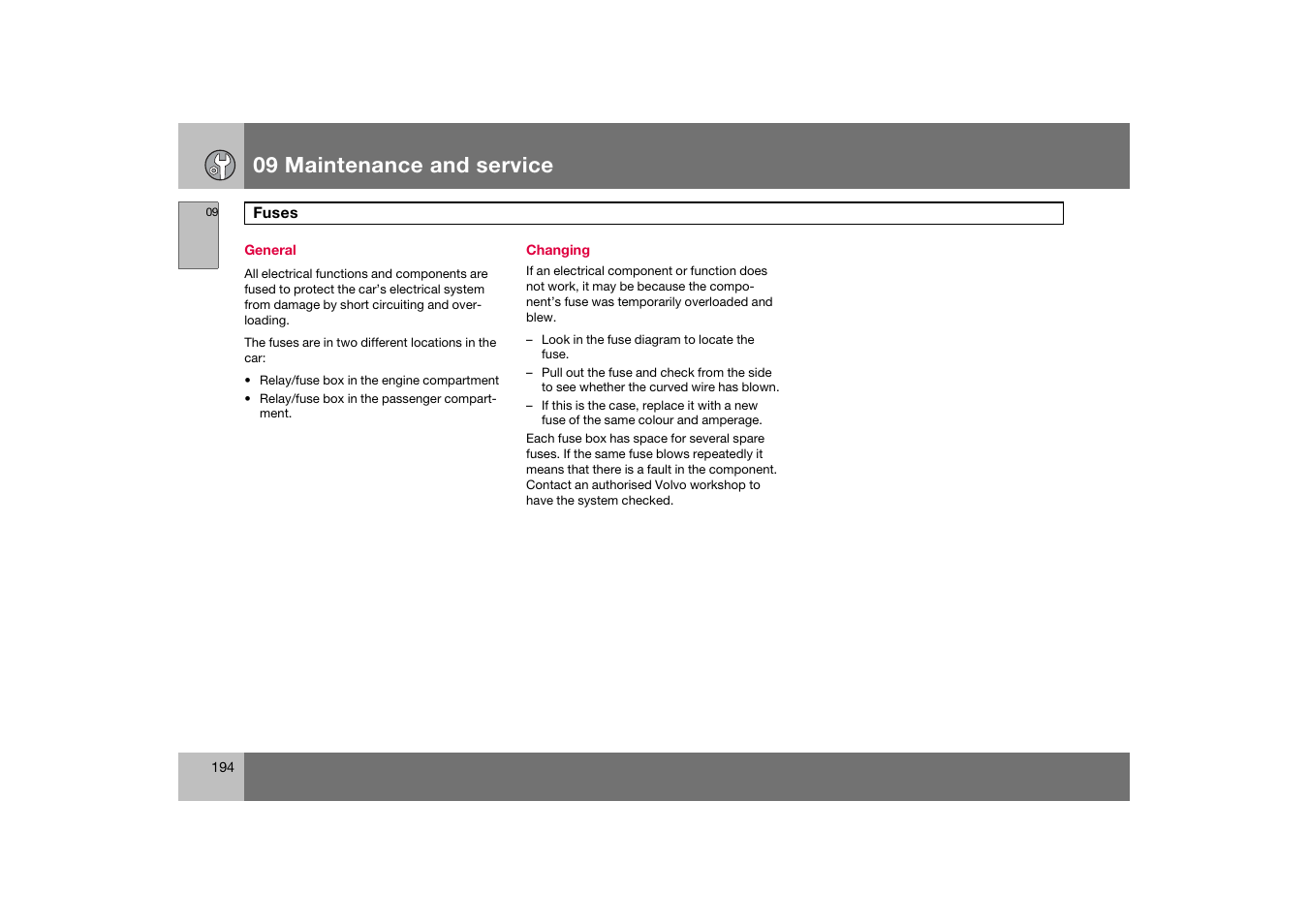 General, Changing, Fuses | 09 maintenance and service | Volvo C70 User Manual | Page 195 / 251