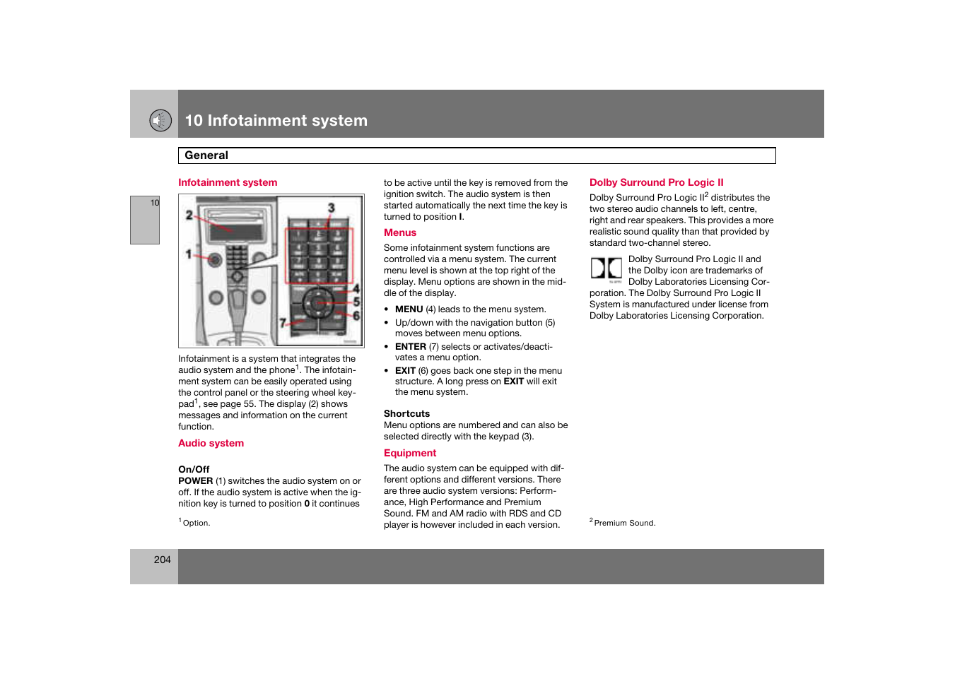 Dolby surround pro logic ii, General, 10 infotainment system | Volvo C70 User Manual | Page 205 / 251