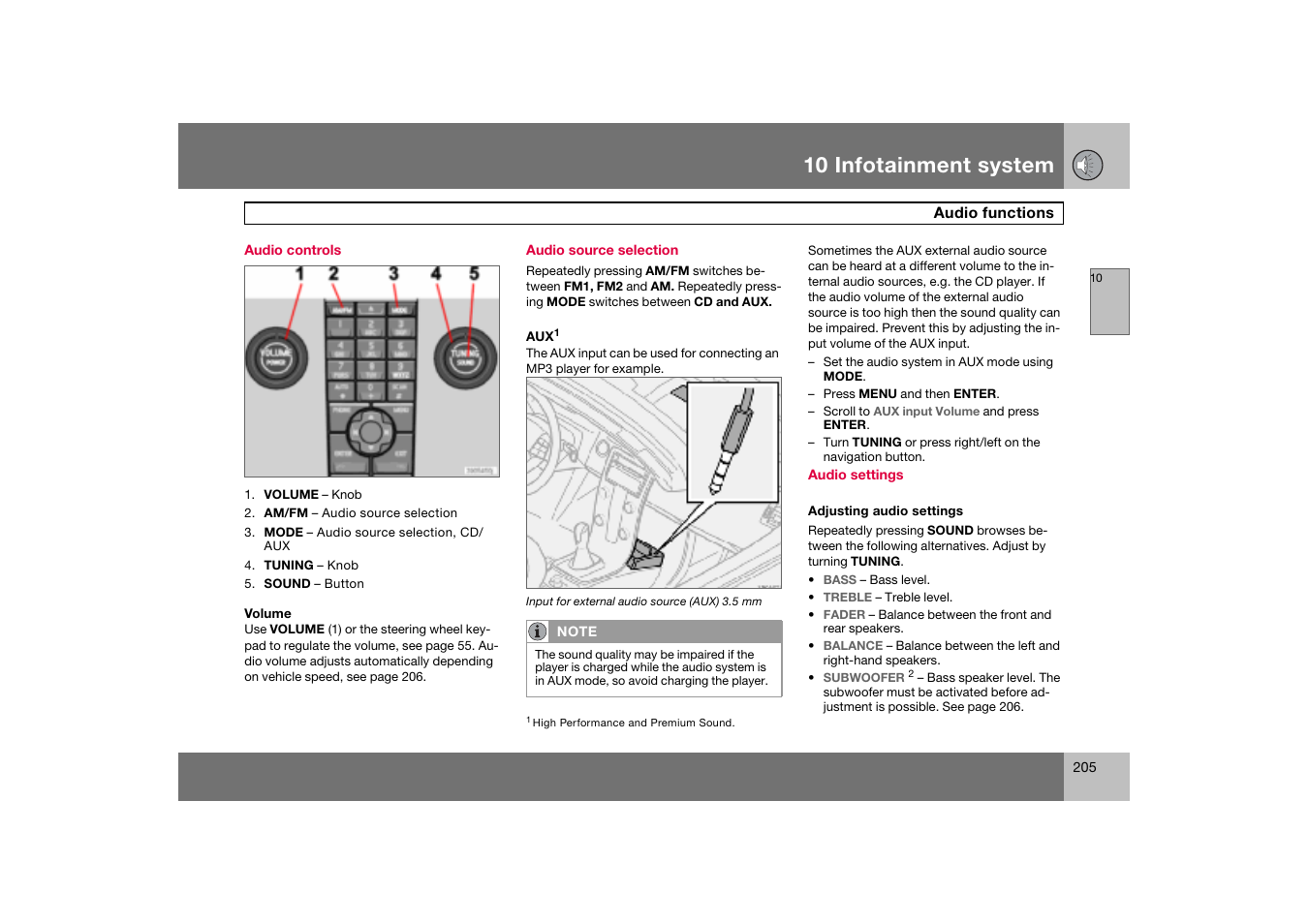 Audio controls, Audio source selection, Audio functions | 10 infotainment system | Volvo C70 User Manual | Page 206 / 251