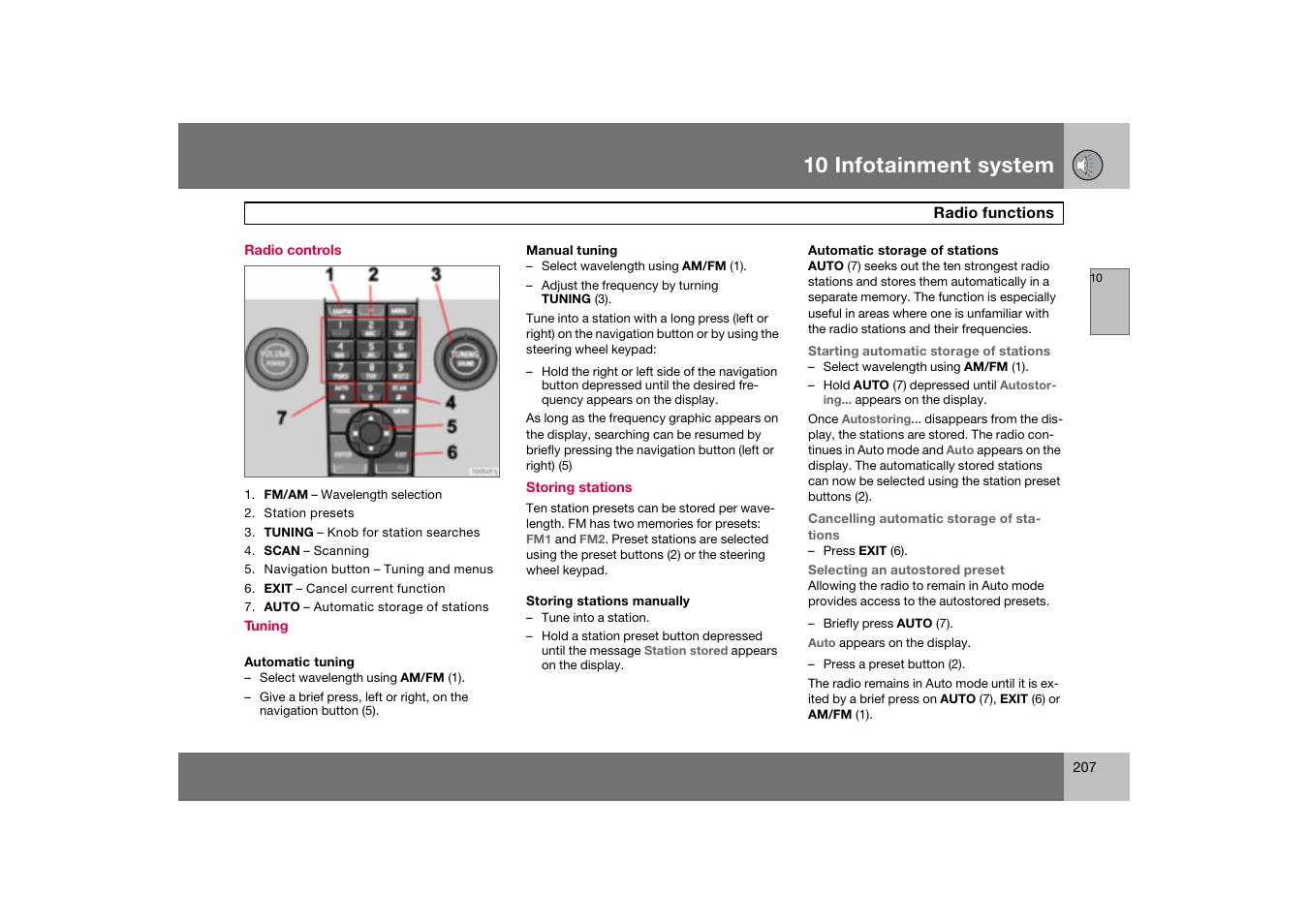 Radio controls, Radio functions, 10 infotainment system | Volvo C70 User Manual | Page 208 / 251