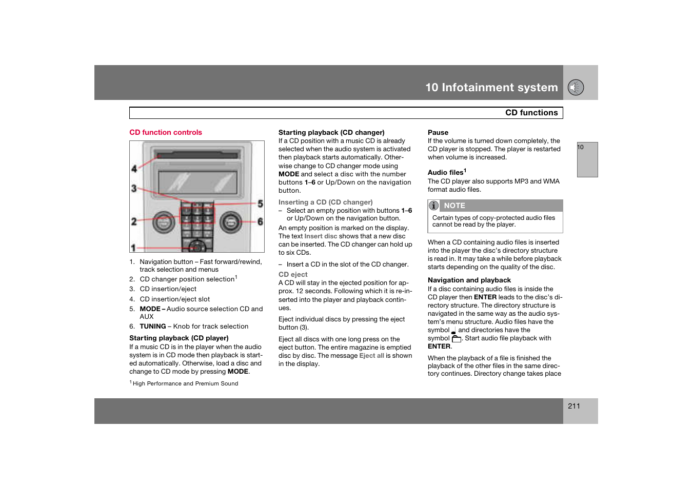 Cd function controls, Cd functions, 10 infotainment system | Volvo C70 User Manual | Page 212 / 251