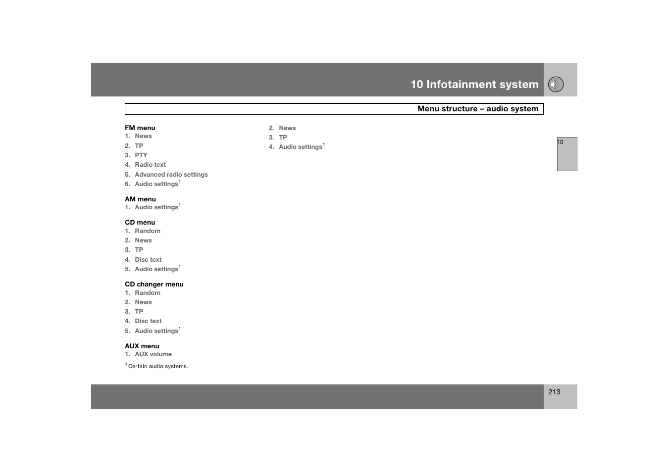 Menu structure – audio system, 10 infotainment system | Volvo C70 User Manual | Page 214 / 251