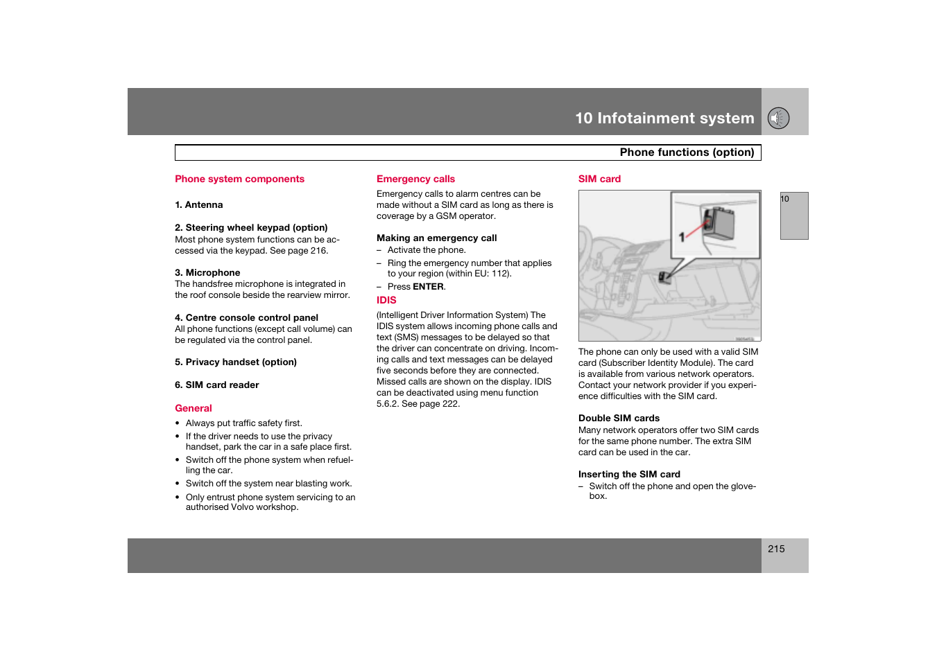 Phone system components, Sim card, 10 infotainment system | Volvo C70 User Manual | Page 216 / 251