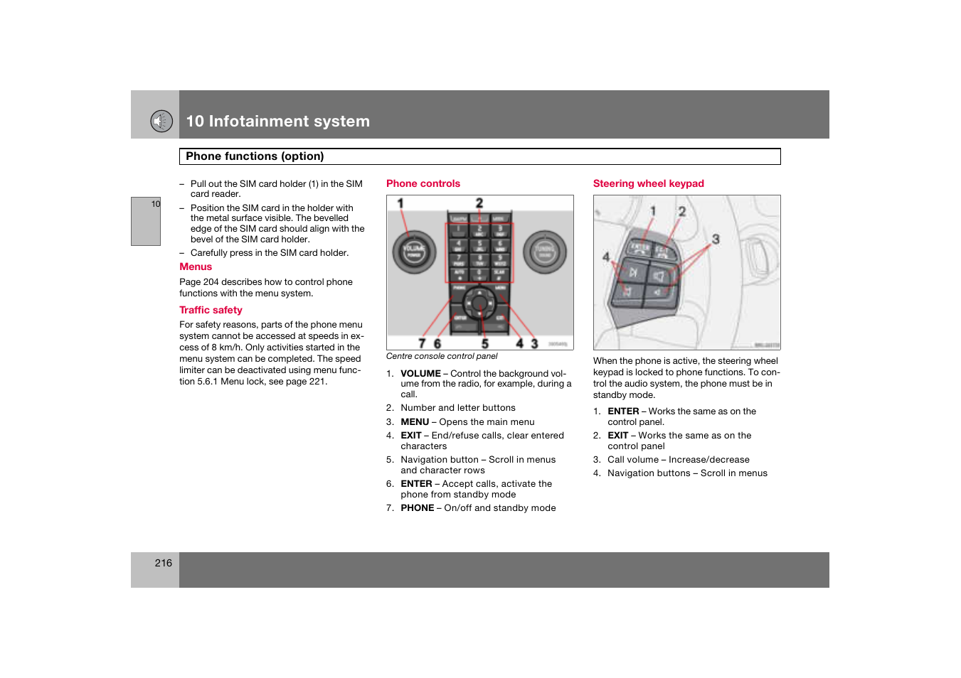 Phone controls, Steering wheel keypad, 10 infotainment system | Volvo C70 User Manual | Page 217 / 251