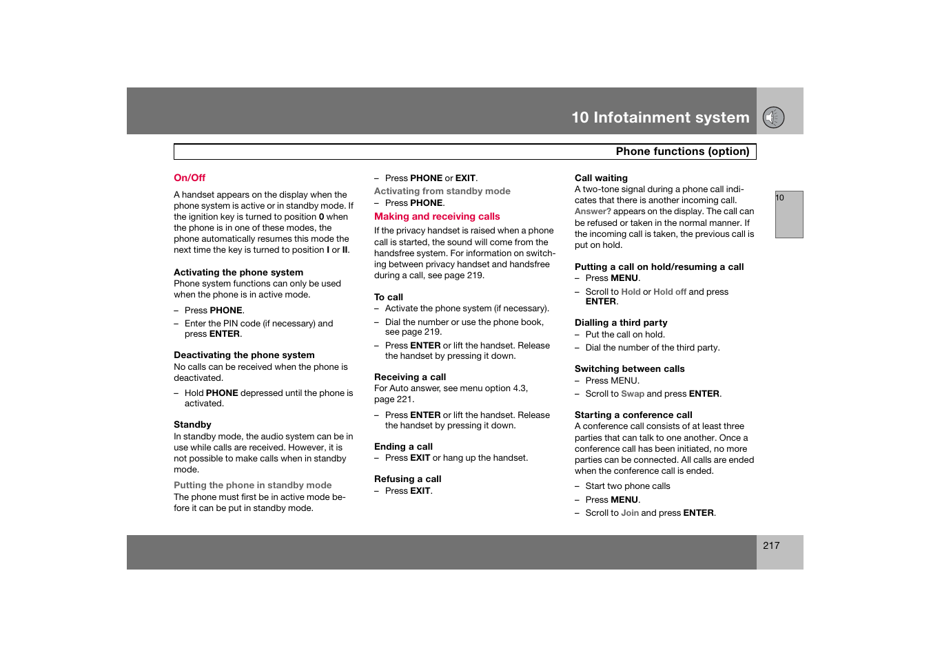 On/off, 10 infotainment system | Volvo C70 User Manual | Page 218 / 251