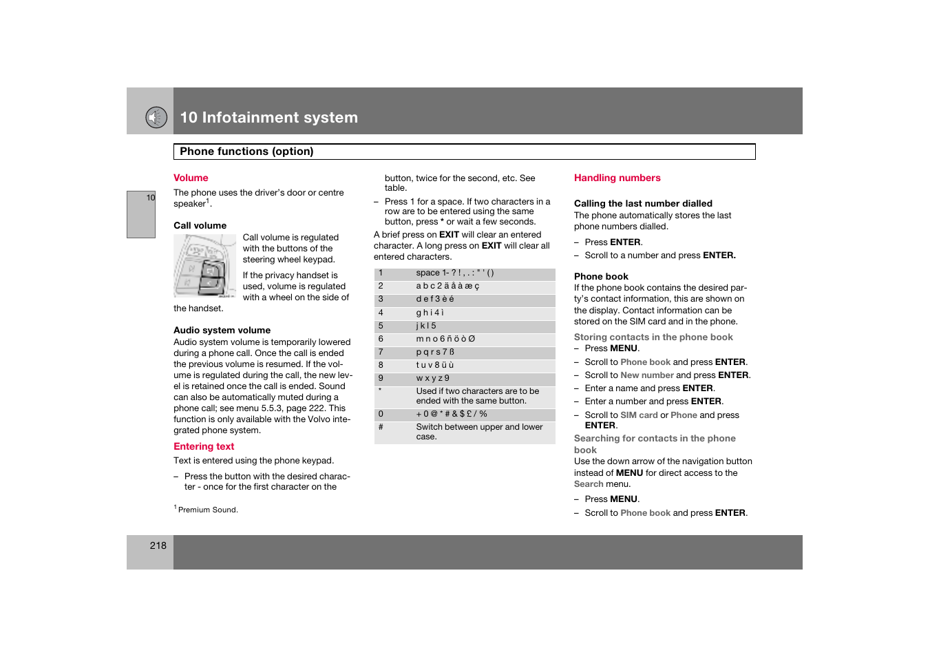 Volume, Handling numbers, 10 infotainment system | Volvo C70 User Manual | Page 219 / 251