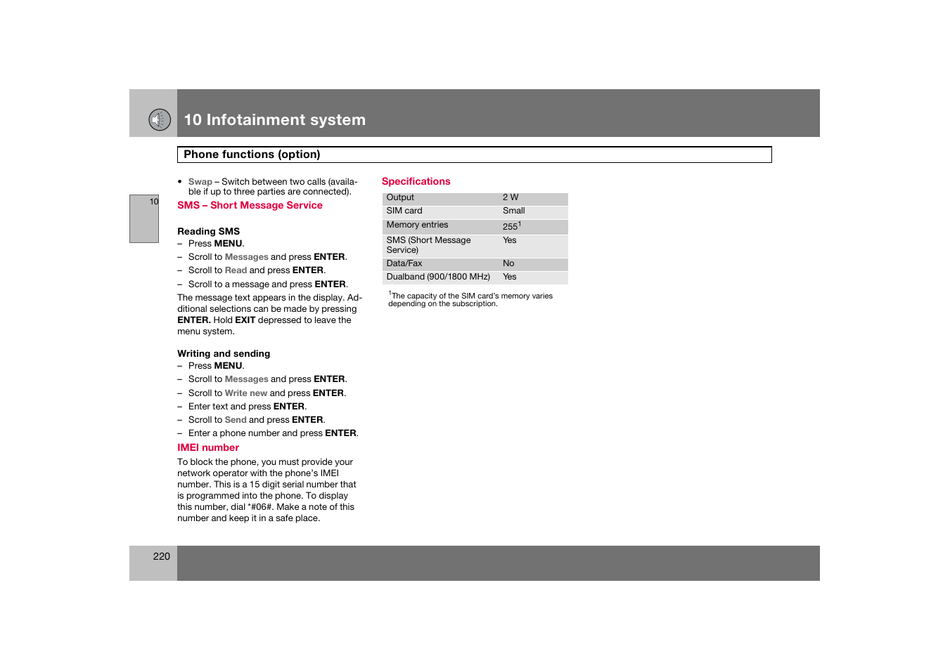 Specifications, 10 infotainment system | Volvo C70 User Manual | Page 221 / 251