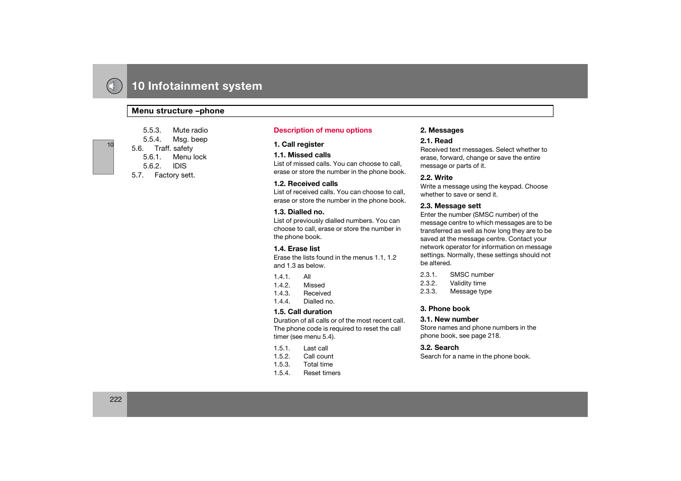 Mute radio, Msg. beep, Traff. safety | Menu lock, Idis, Factory sett, Description of menu options, Call register, Missed calls, Received calls | Volvo C70 User Manual | Page 223 / 251