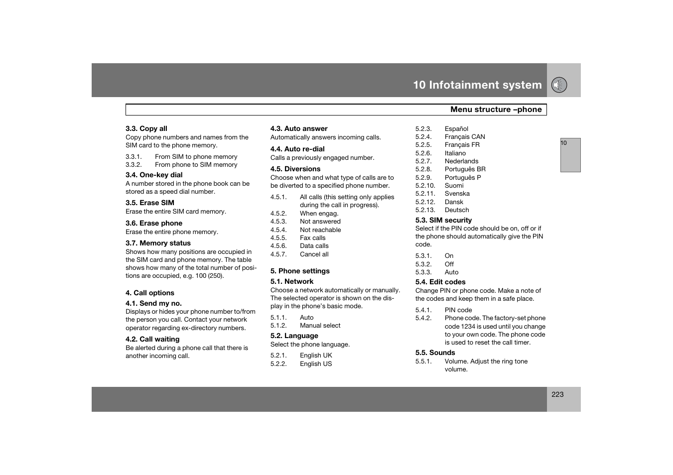 Copy all, From sim to phone memory, From phone to sim memory | One-key dial, Erase sim, Erase phone, Memory status, Call options, Send my no, Call waiting | Volvo C70 User Manual | Page 224 / 251