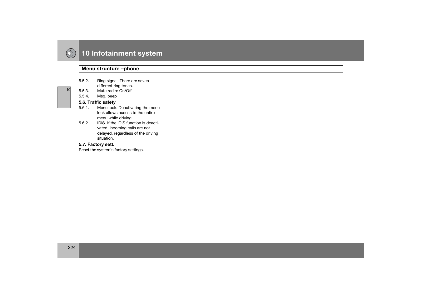 Ring signal. there are seven different ring tones, Mute radio: on/off, Msg. beep | Traffic safety, Factory sett, 10 infotainment system | Volvo C70 User Manual | Page 225 / 251