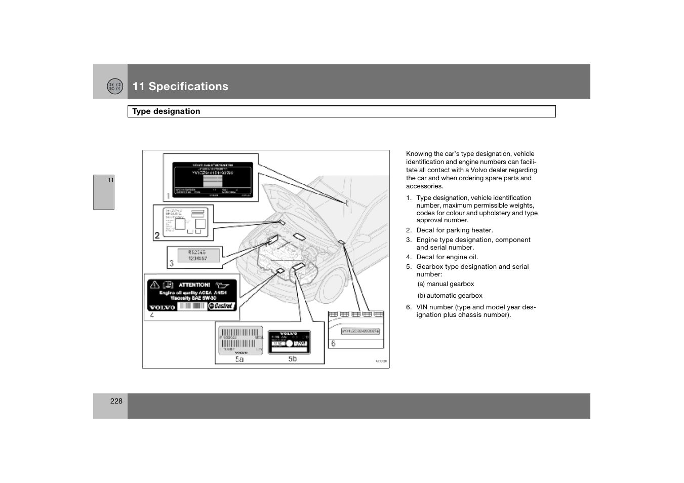 Type designation, 11 specifications | Volvo C70 User Manual | Page 229 / 251