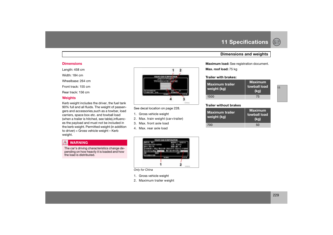 Dimensions, Dimensions and weights, 11 specifications | Volvo C70 User Manual | Page 230 / 251