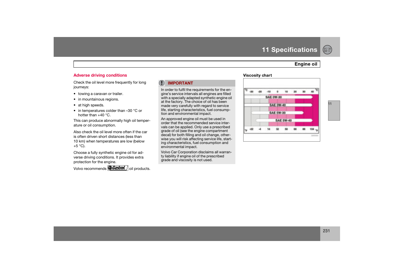 Adverse driving conditions, Engine oil, 11 specifications | Volvo C70 User Manual | Page 232 / 251