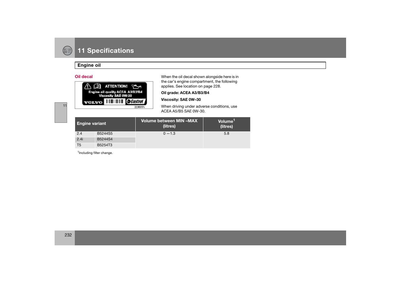 Oil decal, 11 specifications | Volvo C70 User Manual | Page 233 / 251