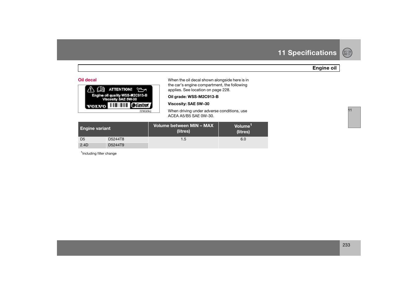 Oil decal, 11 specifications | Volvo C70 User Manual | Page 234 / 251