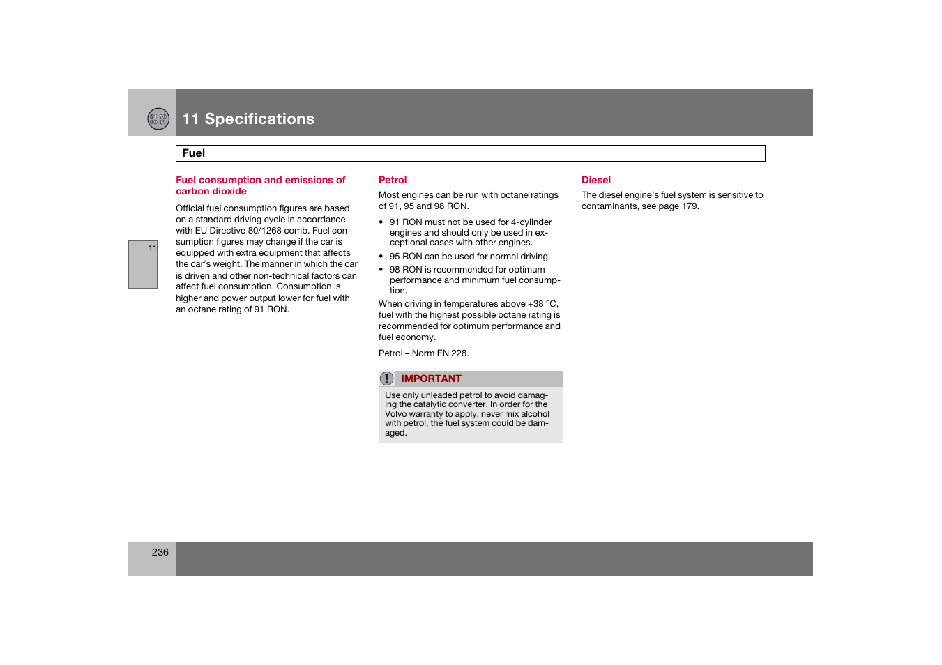 Fuel consumption and emissions of carbon dioxide, Petrol, Diesel | 11 specifications | Volvo C70 User Manual | Page 237 / 251