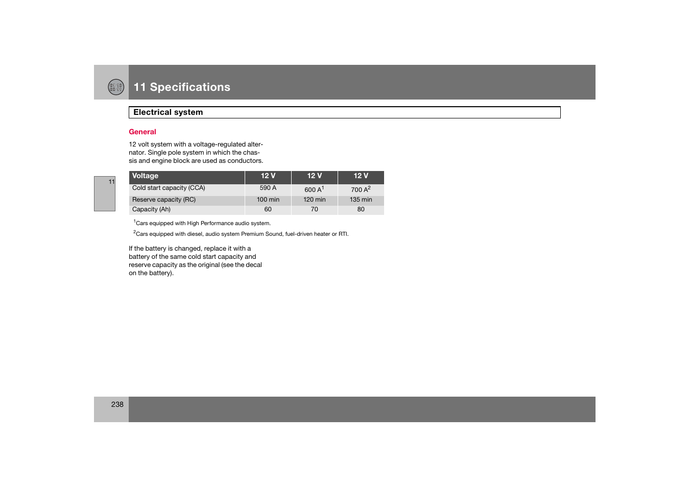 General, Electrical system, 11 specifications | Volvo C70 User Manual | Page 239 / 251